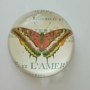 Vintage Domed Glass Decorative Paper Weight  Butterfly Colorful 3 1/2"
